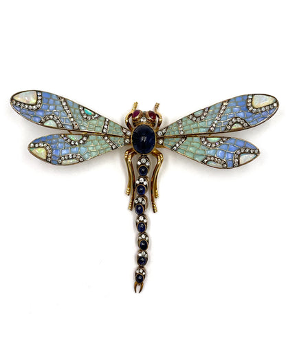 Pre-owned Antique 18K Yellow Gold and Silver Handmade Dragonfly Brooch and Pendant