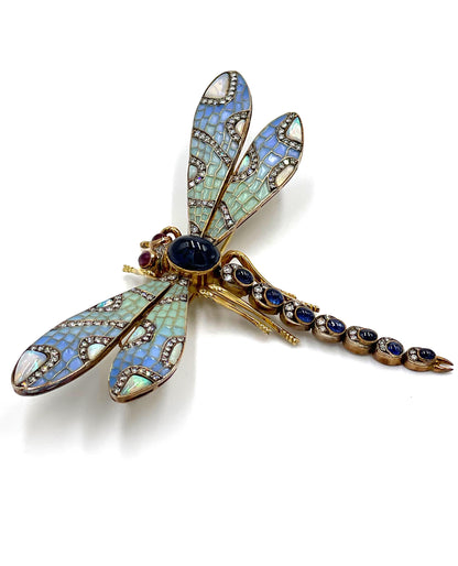 Pre-owned Antique 18K Yellow Gold and Silver Handmade Dragonfly Brooch and Pendant
