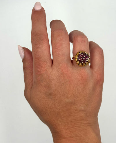 Ruby Cluster Ring in Elevated Cathedral Textured Setting in 14K Yellow Gold