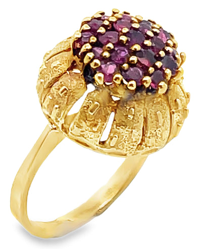 Ruby Cluster Ring in Elevated Cathedral Textured Setting in 14K Yellow Gold