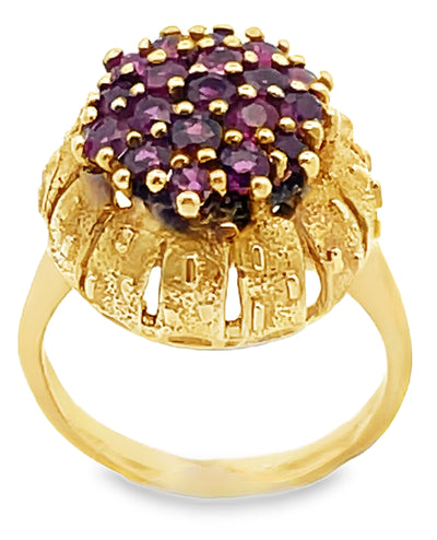 Ruby Cluster Ring in Elevated Cathedral Textured Setting in 14K Yellow Gold