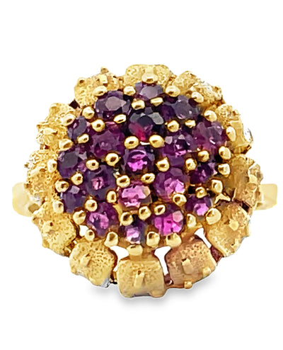 Ruby Cluster Ring in Elevated Cathedral Textured Setting in 14K Yellow Gold
