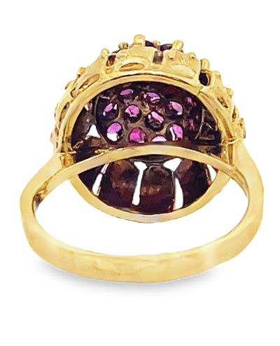 Ruby Cluster Ring in Elevated Cathedral Textured Setting in 14K Yellow Gold