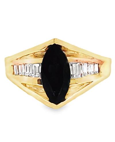 Marquise Sapphire Ring with Baguette Diamonds in 14K Yellow Gold