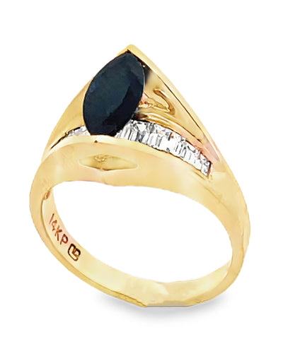 Marquise Sapphire Ring with Baguette Diamonds in 14K Yellow Gold