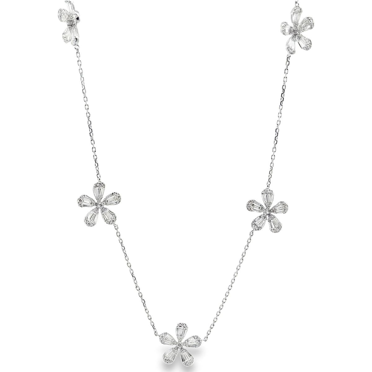 14K White Gold Necklace With 5 Flower Stations And Diamonds Totaling 3.17 Carats
