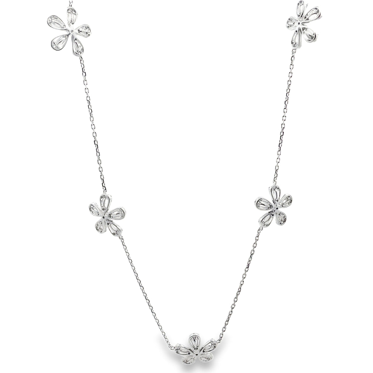 14K White Gold Necklace With 5 Flower Stations And Diamonds Totaling 3.17 Carats