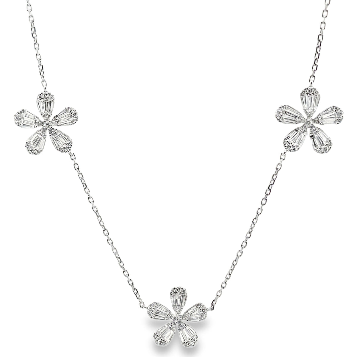 14K White Gold Necklace With 5 Flower Stations And Diamonds Totaling 3.17 Carats