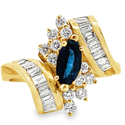 Vintage 0.80 Carat Marquise Sapphire Ring with Bageutte and Round Diamonds 1.10 Carats in 18K Yellow Gold
