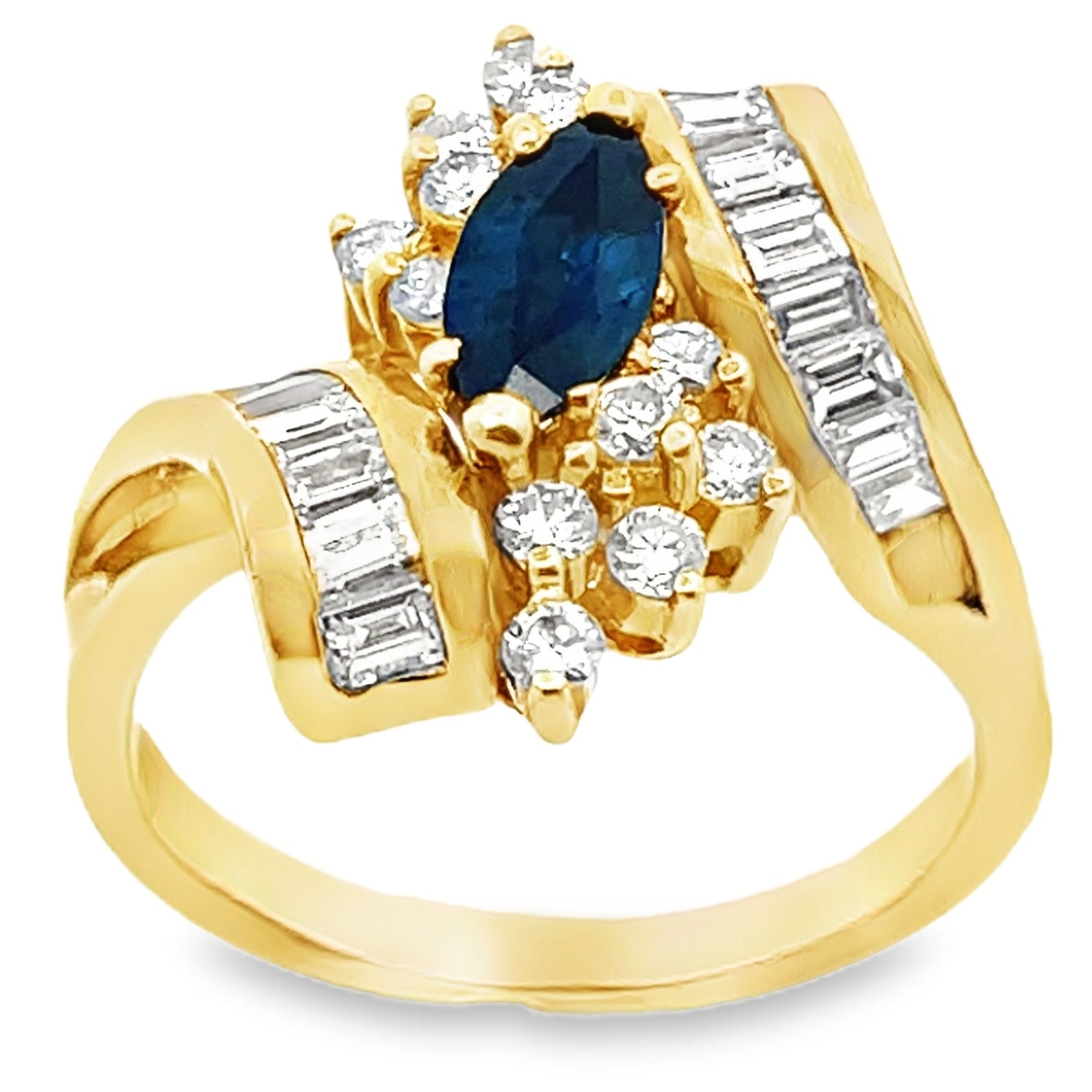Vintage 0.80 Carat Marquise Sapphire Ring with Bageutte and Round Diamonds 1.10 Carats in 18K Yellow Gold