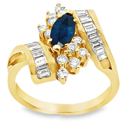 Vintage 0.80 Carat Marquise Sapphire Ring with Bageutte and Round Diamonds 1.10 Carats in 18K Yellow Gold