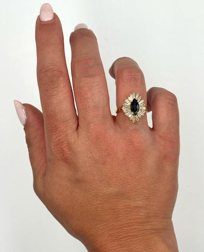 Vintage 1.38 Carat Marquise Sapphire Ring with 1.35 Carat Baguette Halo Diamonds