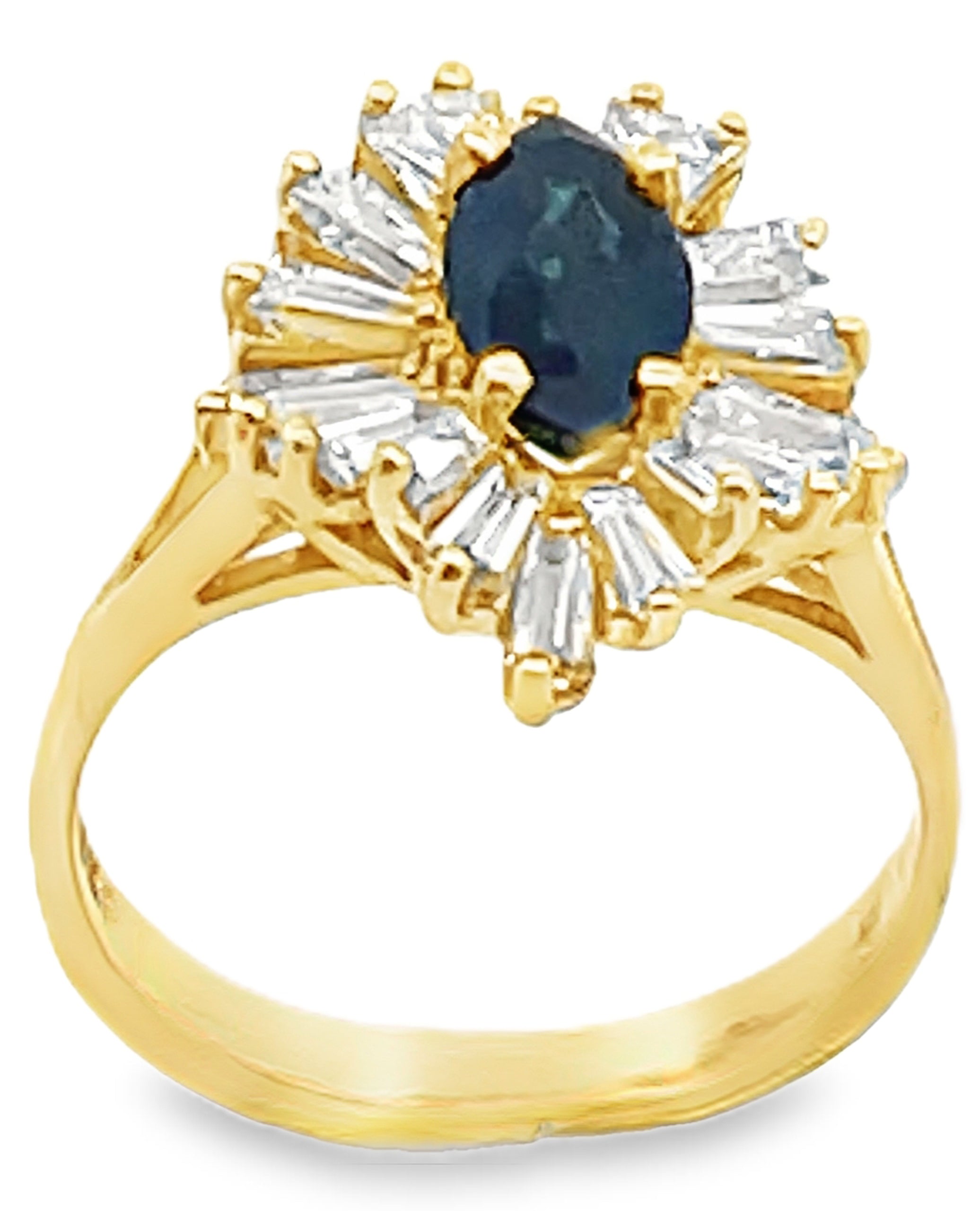 Vintage 1.38 Carat Marquise Sapphire Ring with 1.35 Carat Baguette Halo Diamonds
