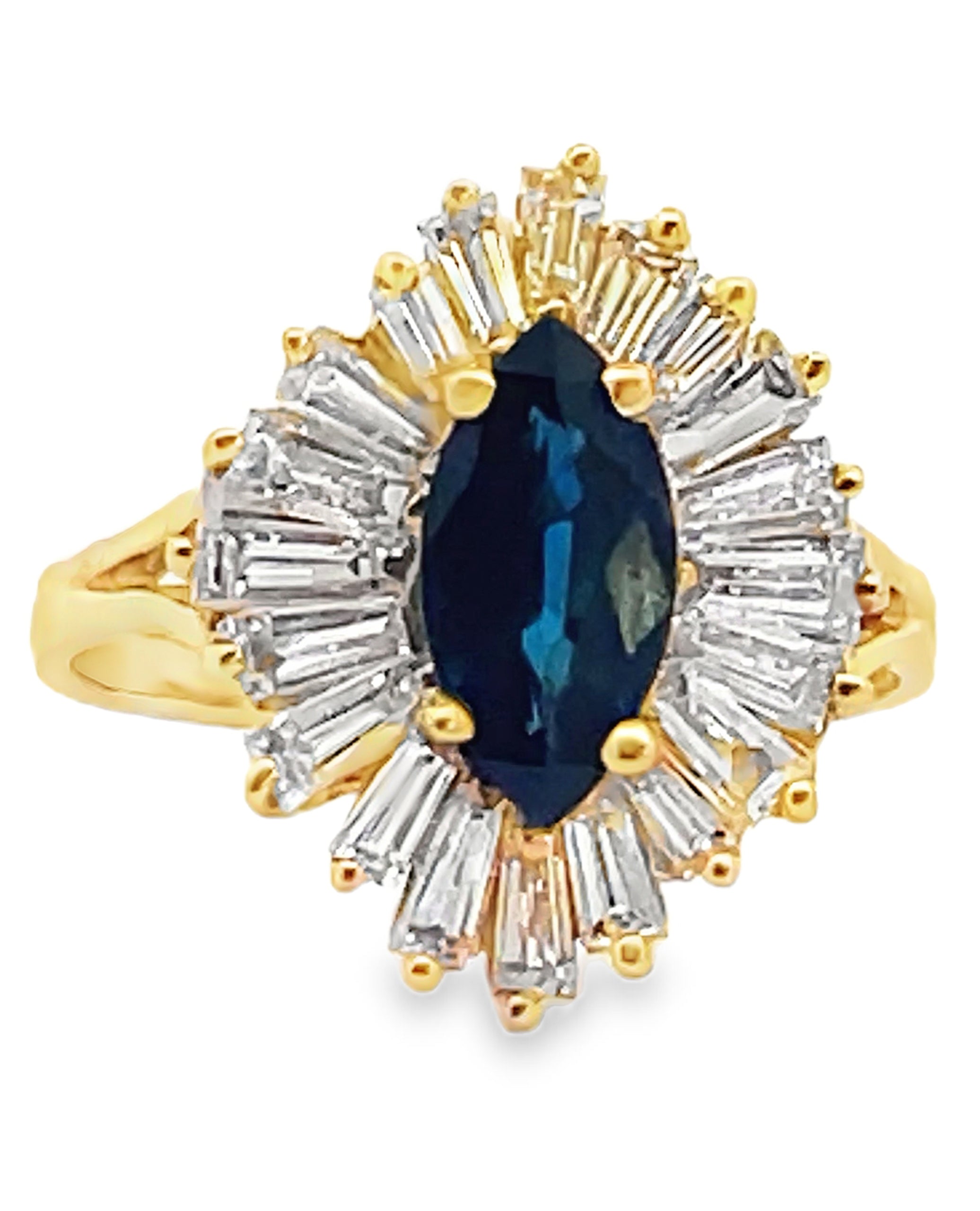 Vintage 1.38 Carat Marquise Sapphire Ring with 1.35 Carat Baguette Halo Diamonds