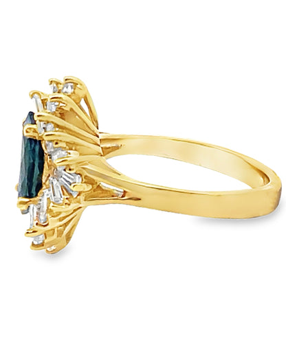 Vintage 1.38 Carat Marquise Sapphire Ring with 1.35 Carat Baguette Halo Diamonds