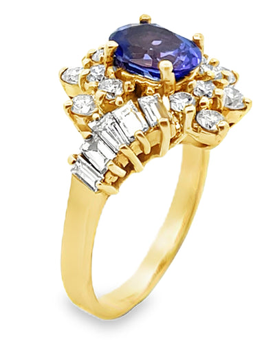 Vintage Oval Tanzanite Ring with Round and Baguette Diamonds Set in 14k Gold