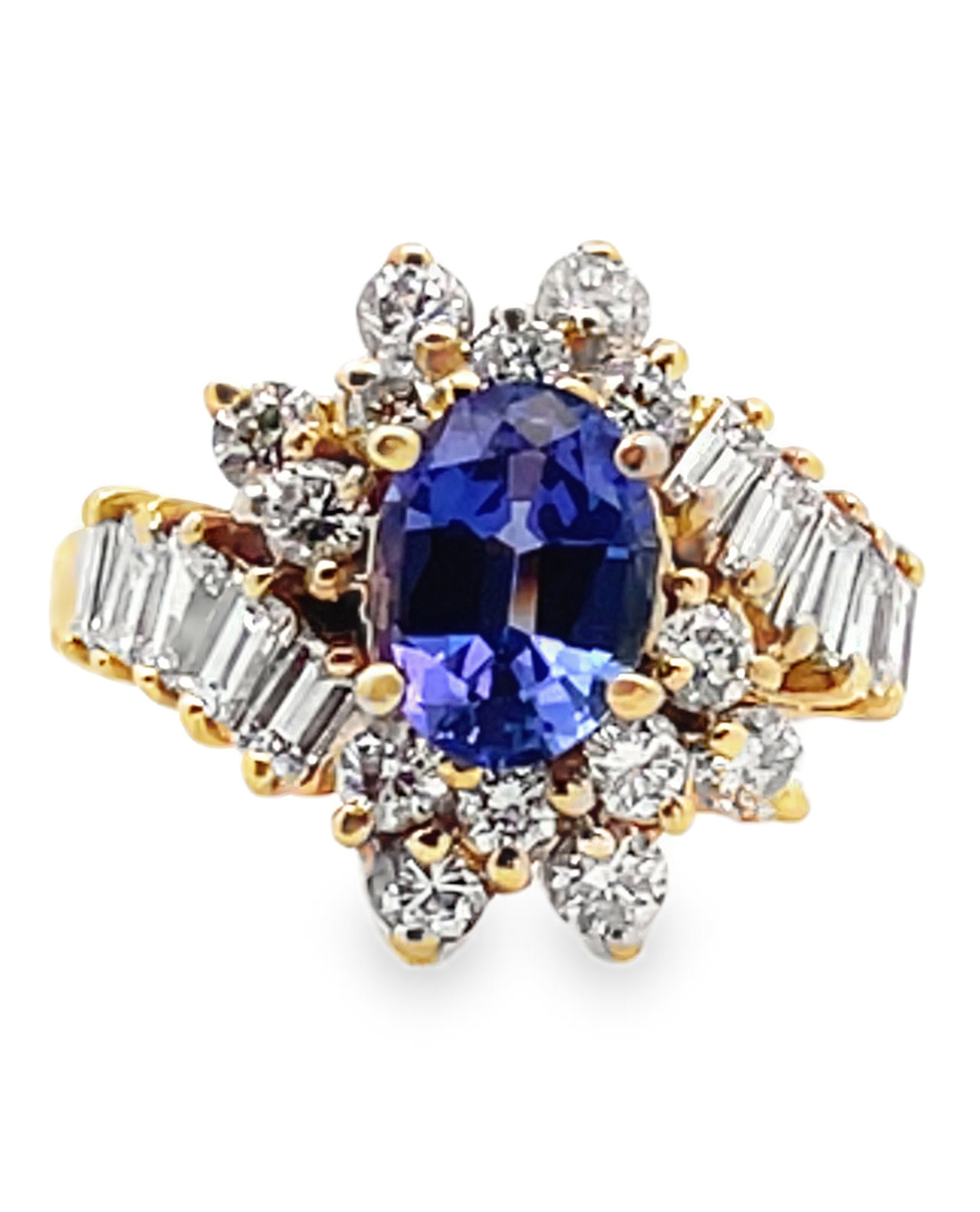 Vintage Oval Tanzanite Ring with Round and Baguette Diamonds Set in 14k Gold