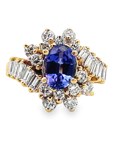 Vintage Oval Tanzanite Ring with Round and Baguette Diamonds Set in 14k Gold