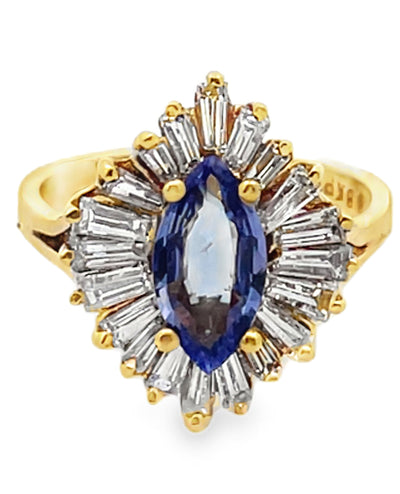 Vintage 1.04 Carat Marquise Tanzanite Cocktail Ballerina Ring with 1.34 Carat Baguette Diamonds Set in 18K Yellow Gold