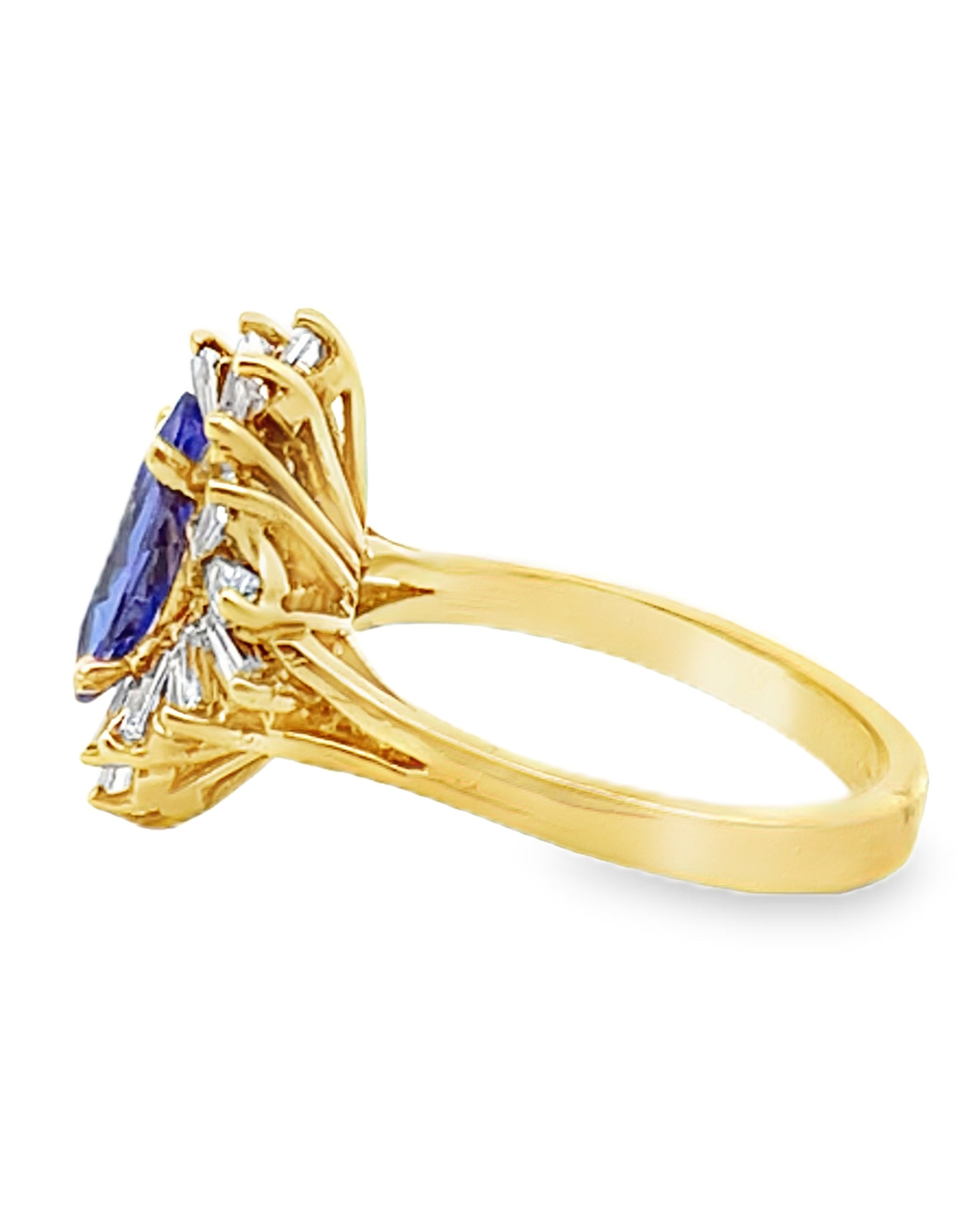 Vintage 1.04 Carat Marquise Tanzanite Cocktail Ballerina Ring with 1.34 Carat Baguette Diamonds Set in 18K Yellow Gold