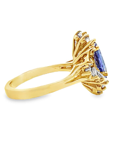 Vintage 1.04 Carat Marquise Tanzanite Cocktail Ballerina Ring with 1.34 Carat Baguette Diamonds Set in 18K Yellow Gold