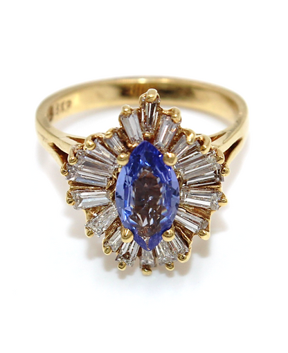 Vintage 1.04 Carat Marquise Tanzanite Ring with 1.34 Carat Baguette Diamonds Set in 18K Yellow Gold