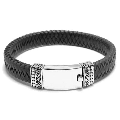 Sterling Silver and Leather Bracelet With Smooth Center Plate And Push Clasp