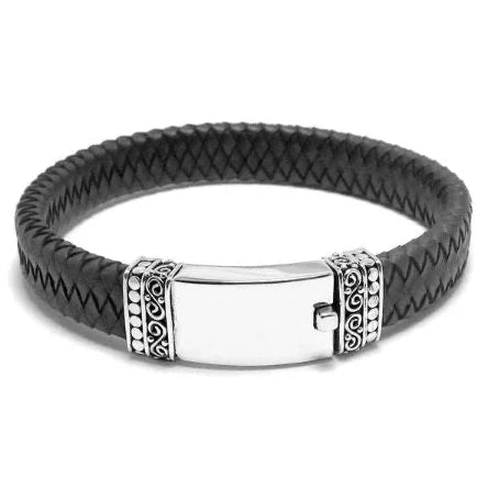 Sterling Silver and Leather Bracelet With Smooth Center Plate And Push Clasp
