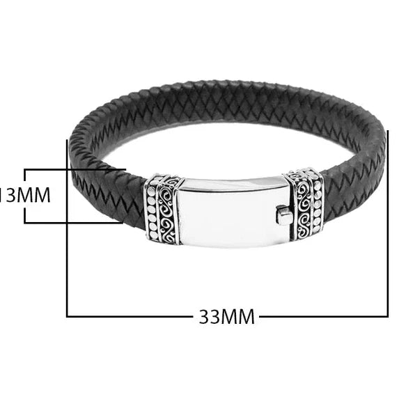 Sterling Silver and Leather Bracelet With Smooth Center Plate And Push Clasp