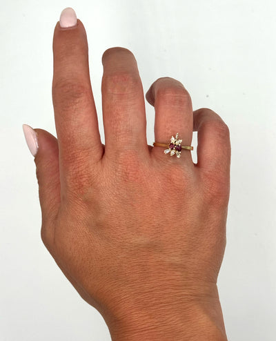 Starburst Pear Shape Ruby Ring in Tapering 14K Yellow Gold Setting with Diamonds