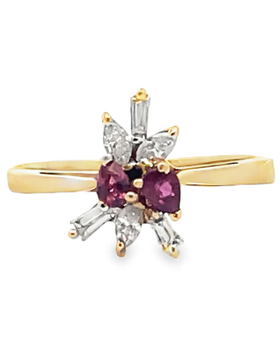 Starburst Pear Shape Ruby Ring in Tapering 14K Yellow Gold Setting with Diamonds