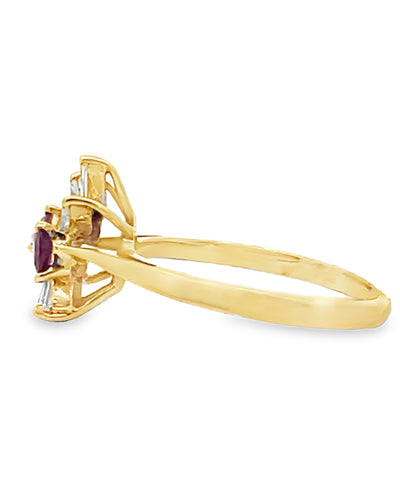 Starburst Pear Shape Ruby Ring in Tapering 14K Yellow Gold Setting with Diamonds