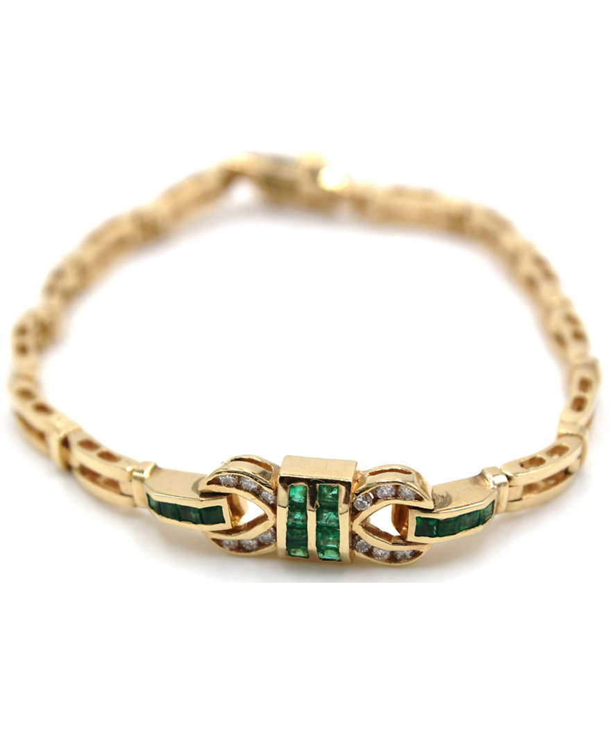 Vintage Emerald Geometric Buckle Diamond Bracelet Set in 14K Yellow Gold, Safety Clasp