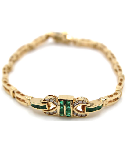 Vintage Emerald Geometric Buckle Diamond Bracelet Set in 14K Gold, Safety Clasp