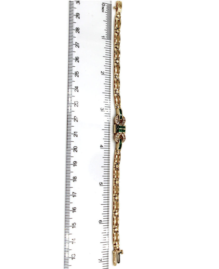Vintage Emerald Geometric Buckle Diamond Bracelet Set in 14K Yellow Gold, Safety Clasp