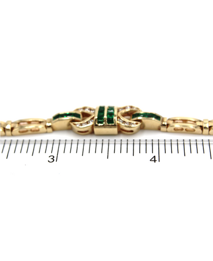 Vintage Emerald Geometric Buckle Diamond Bracelet Set in 14K Gold, Safety Clasp