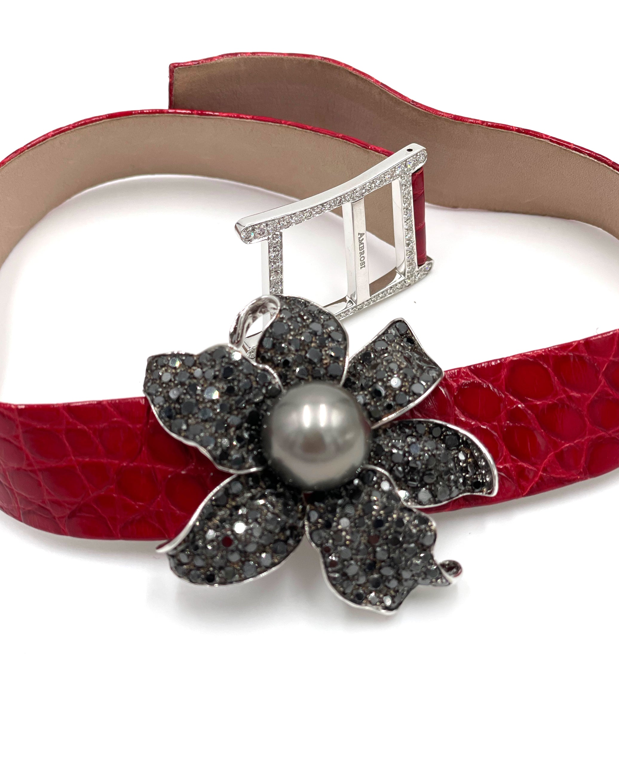 Pre-Owned Ambrosi 18K White Gold Black Diamond Flower Necklace with South Sea Pearl