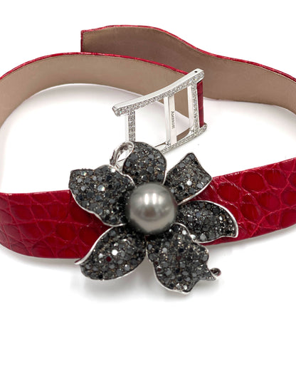 Pre-Owned Ambrosi 18K White Gold Black Diamond Flower Necklace with South Sea Pearl