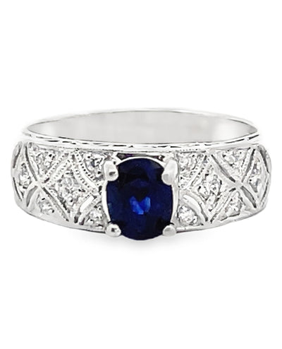 Antique Inspired Platinum Ring with Oval Sapphire & Round Diamonds