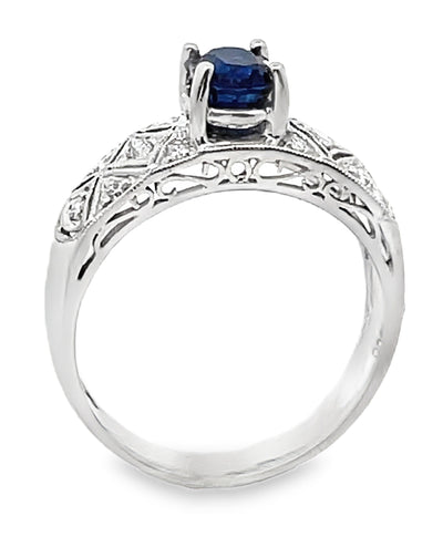 Antique Inspired Platinum Ring with Oval Sapphire & Round Diamonds