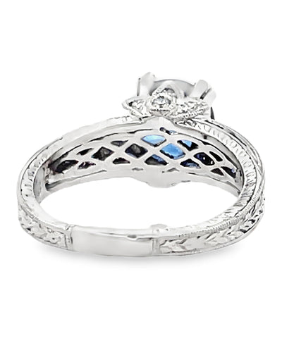 Round Sapphire in Platinum Ring with Diamonds and Hand Engraving