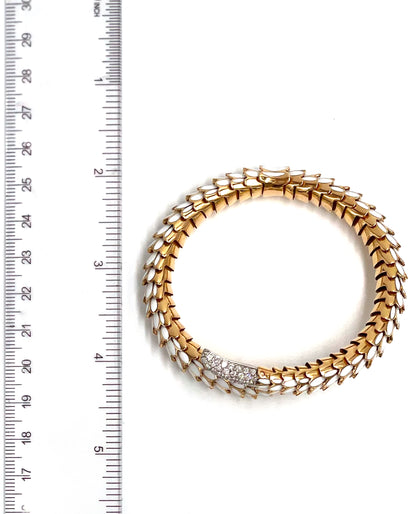 Pre-owned Roberto Coin Animalier 18K Gold Scale Wrap Bracelet with White Enamel & Diamonds