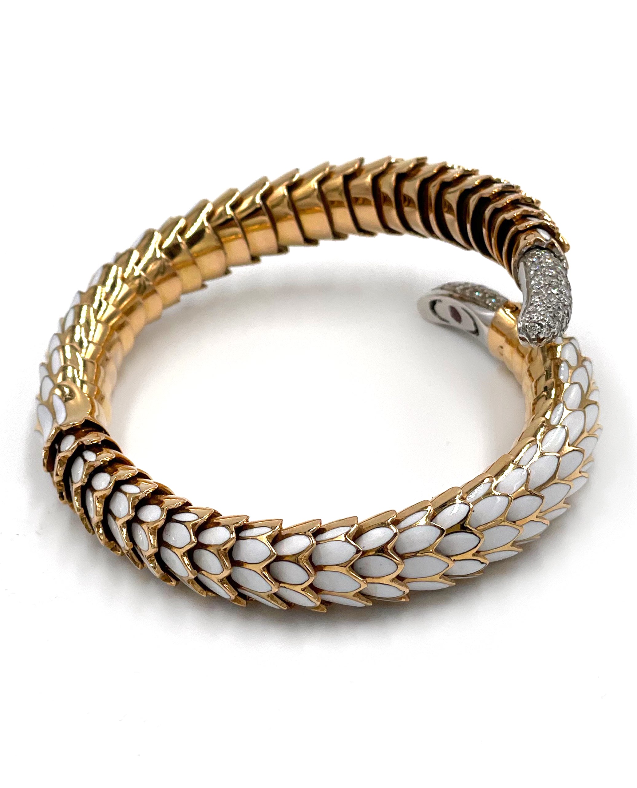 Pre-owned Roberto Coin Animalier 18K Gold Scale Wrap Bracelet with White Enamel & Diamonds