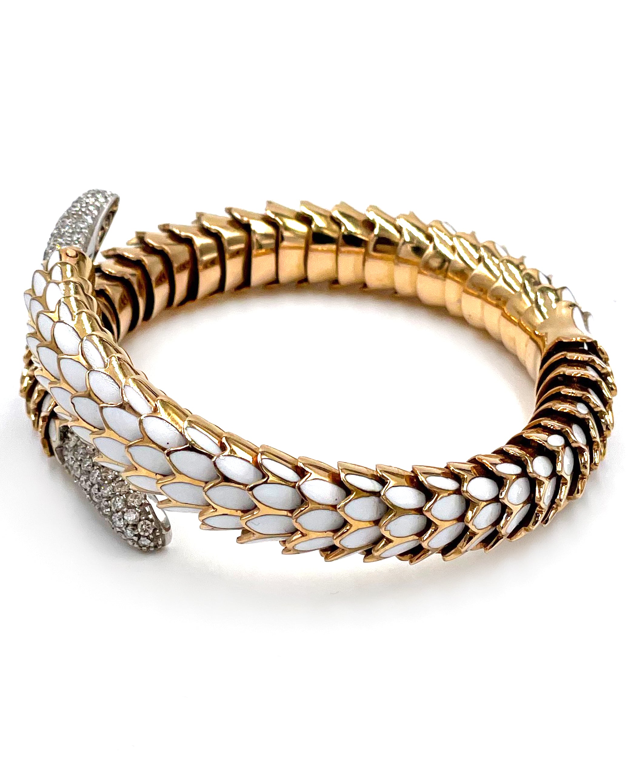 Pre-owned Roberto Coin Animalier 18K Gold Scale Wrap Bracelet with White Enamel & Diamonds