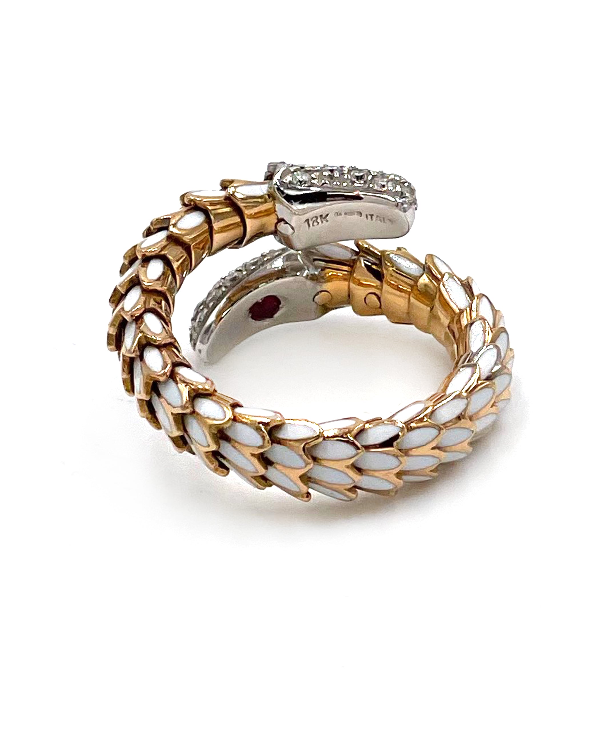 Pre-owned Roberto Coin Animalier 18K Gold Scale Wrap Ring with White Enamel & Diamonds