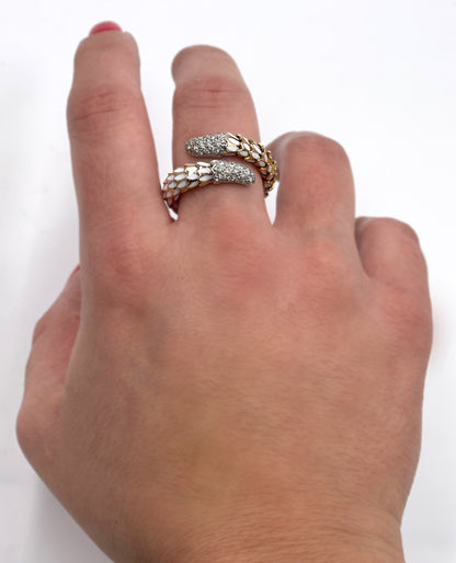 Pre-owned Roberto Coin Animalier 18K Gold Scale Wrap Ring with White Enamel & Diamonds