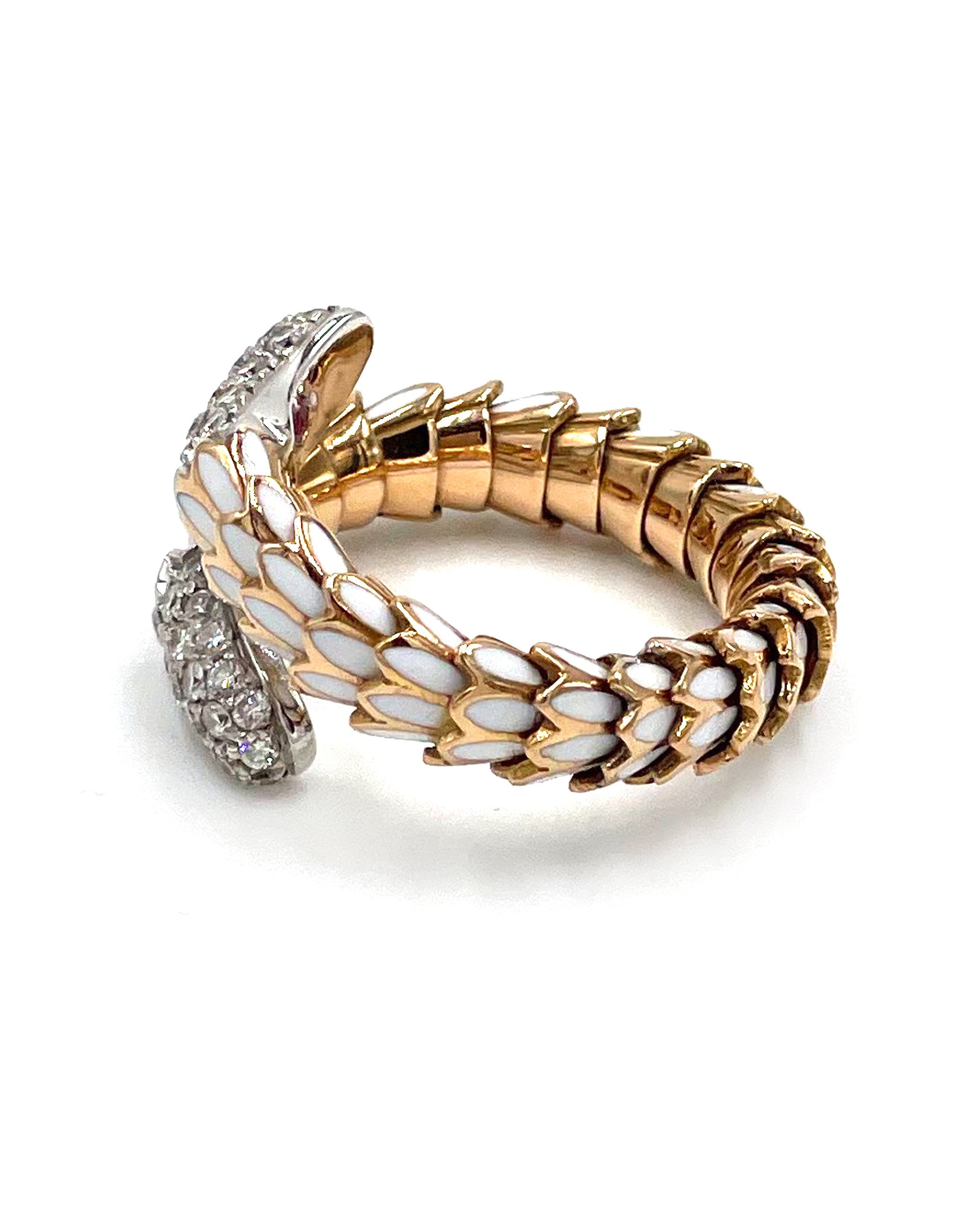 Pre-owned Roberto Coin Animalier 18K Gold Scale Wrap Ring with White Enamel & Diamonds