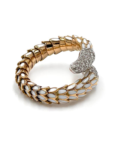 Pre-owned Roberto Coin Animalier 18K Gold Scale Wrap Ring with White Enamel & Diamonds