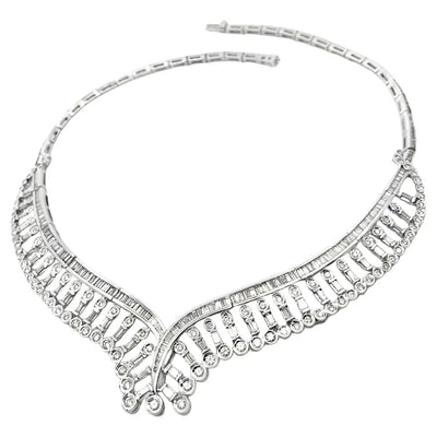 Vintage 15.50 Carat Diamond Geometric Structured V-Shape Collar Necklace in 18K White Gold