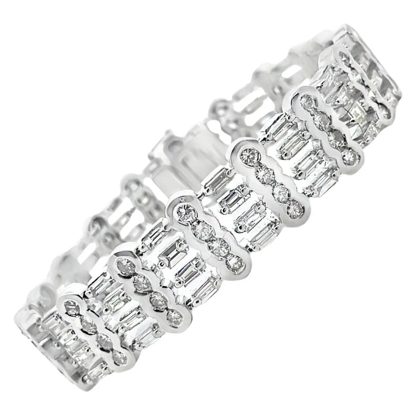 Vintage 18K White Gold Wide Multi-row Bracelet 9.88 Carat Round & Baguette Natural Diamonds